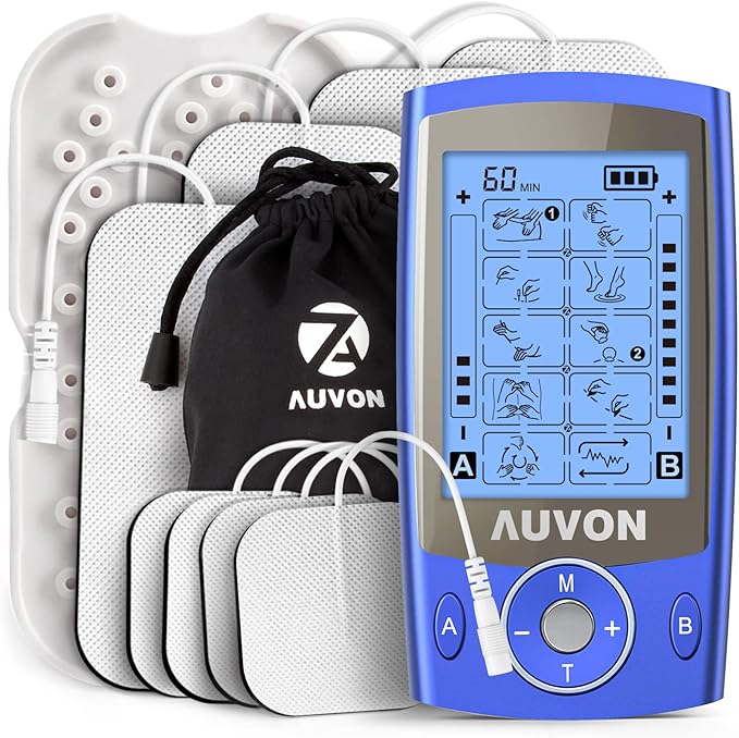 AUVON Dual Channel TENS Unit Muscle Stimulator Machine with 20 Modes, 2" and 2"x4" TENS Unit Electrode Pads (Blue)