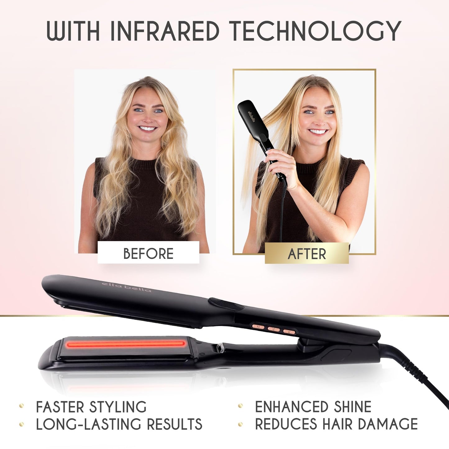 ELLA BELLA® Titanium Flat Iron Hair Straightener (with Infrared) • Professional Straightening Iron • Digital Display to Accurately Control Temperature • As Featured in Good Housekeeping