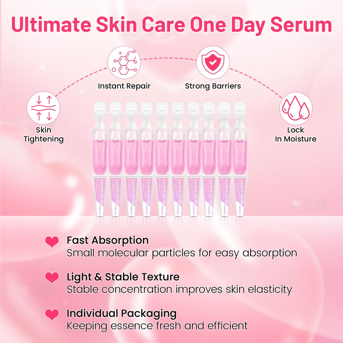 Pink Skincare Serum, High Purity Concentrated Essence, Intense Moisturization & Nourishment, Salmon DNA Skincare Serum for Firming Face & Repairing Skin, 0.05 fl.oz x 20 ‌ampoules