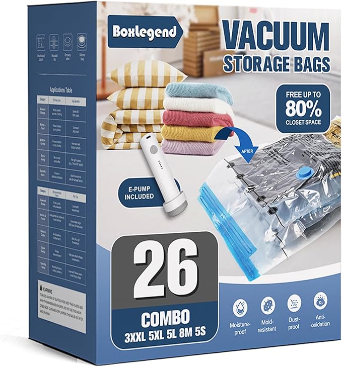 BoxLegend Vacuum Storage Bags with Electric Pump 26 Combo (3X-Jumbo, 5 Jumbo, 5 Large, 8 Medium, 5 Small) Thickened Vacuum Seal Bags for Clothing Space Saving for Coat Quilt Blanket Pillow Comforters