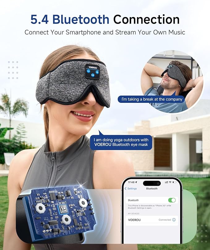 Voerou Sleep Mask with Bluetooth Headphones, Zero Pressure Wireless Sleeping Eye Mask, 100% Light Blocking Sleep Headphones for Side Sleepers, Suitable for Sleep Nap Travel, Cool Gadgets Unique Gifts