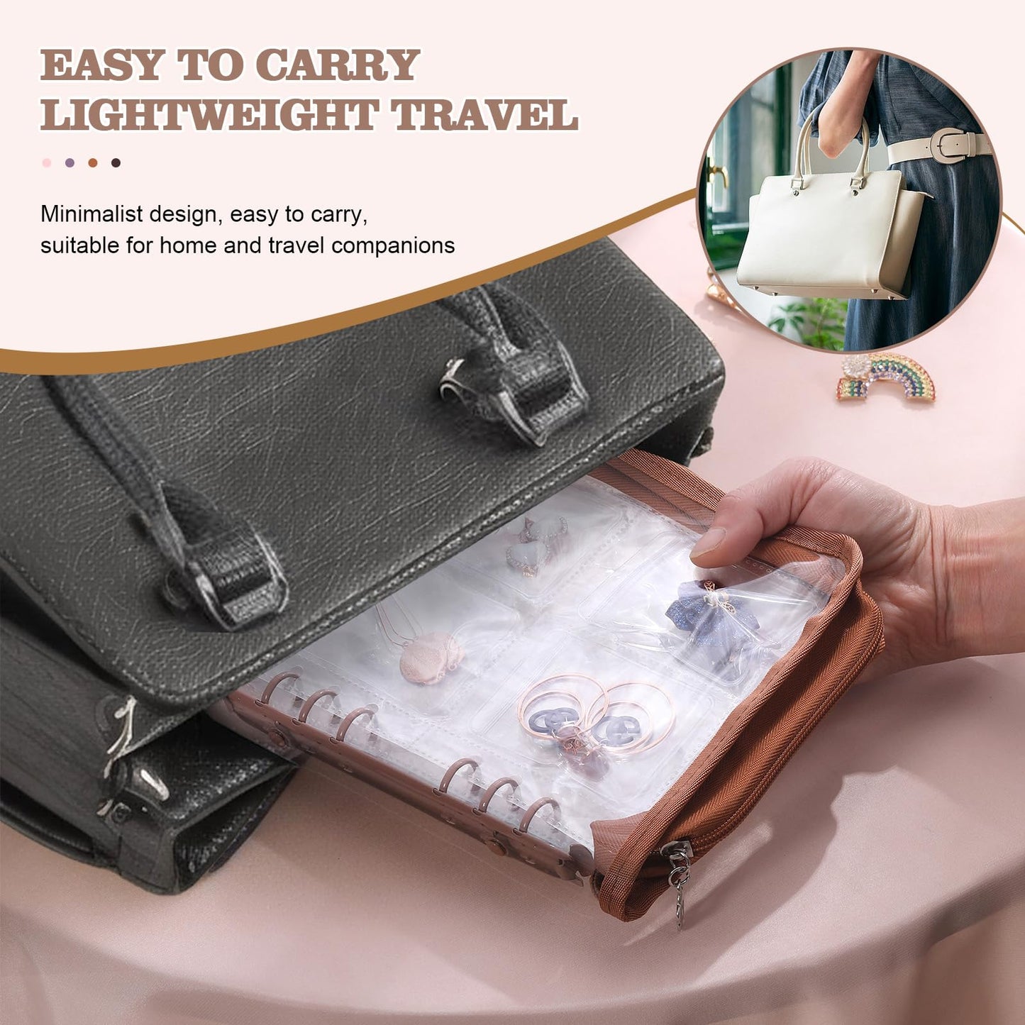Jewelry Organizer Case Travel Jewelry Storage Bag Clear Jewelry Rolls (Light Brown,With 80 PCS Earring Pouches)