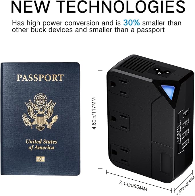 250 Watt Travel Voltage Converter, 100V-220V Travel Voltage Converter for Curlers, Hair Straighteners, Chargers with 4 USB Charging Ports and 3 AC Plugs, Includes A, C, D, G, I, L Plugs (Black)