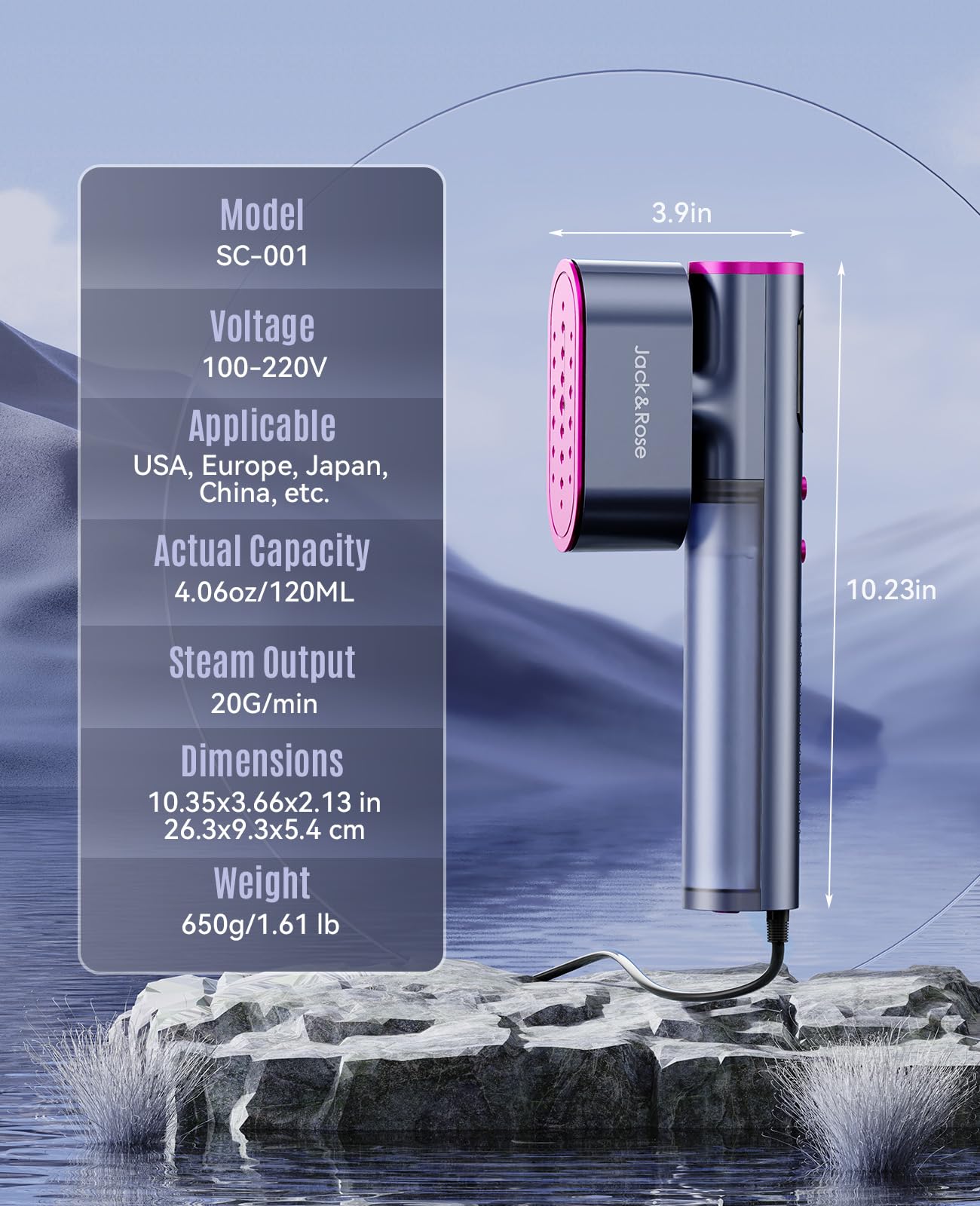 Jack ＆ Rose Travel Steamer for Clothes,100-220V Portable Iron,15s Heat Up,Steamer ＆ Iron 2 In 1, Travel Size,Large Ceramic Heat Panel,for Global ＆ Europe