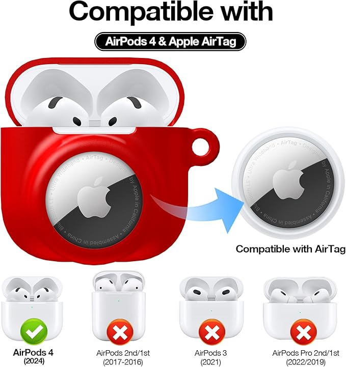 2 in 1 Silicone Case Compatible with AirPod 4 and AirTag, Shockproof Protective Skin Cover for AirPods 4th Generation with Cleaner Kit & Carabiner (Red)