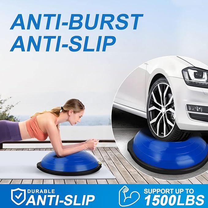 25in Half Balance Ball - 1500lb Heavy Duty Wobble Board Trainer for Core Strength & Stability, Non-Slip Yoga Ball with Resistance Bands & Pump - Home Gym Equipment for Balance Training, Yoga & Physical Therapy