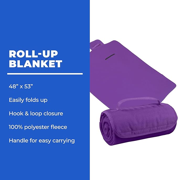 25 Ct of Roll-Up Blankets for Camping, Travel, Outdoors, Beach, Picnics – Purple – Hook + Loop Closure for Easy Use in Cars & on Airplanes – Customizable for Promotions & Events