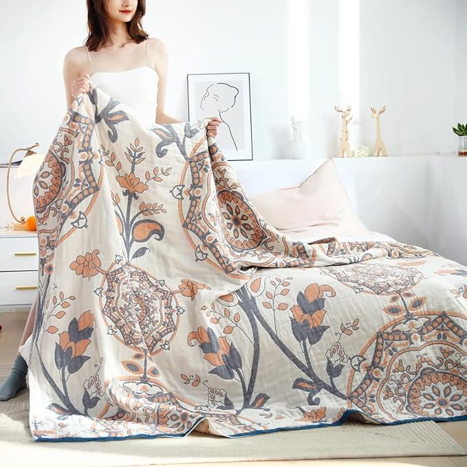 Boho Throw Blanket for Bed 100% Cotton Ultra Soft Rustic Quilt Fall Blanket Floral Printed Farmhouse Decor Bed Blankets,60"×80" All Season Rustic Throw for Sofa Couch Chair