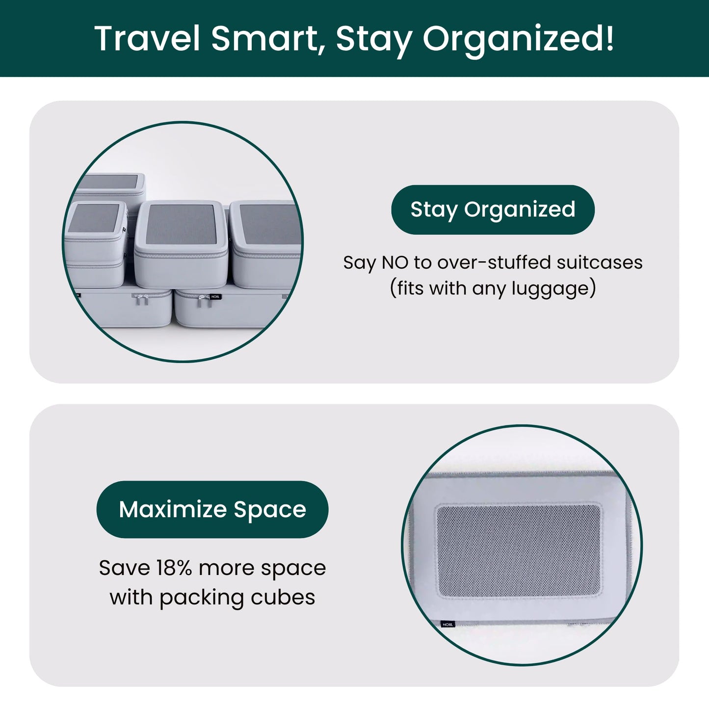 Nobl Travel Compressible Packing Cubes Set, 6 Pieces Travel Packing Organizers, Compression Luggage Cubes for Suitcases & Carry On, Space Saving (XXS, XS, S, M, L, XL) - Cloud