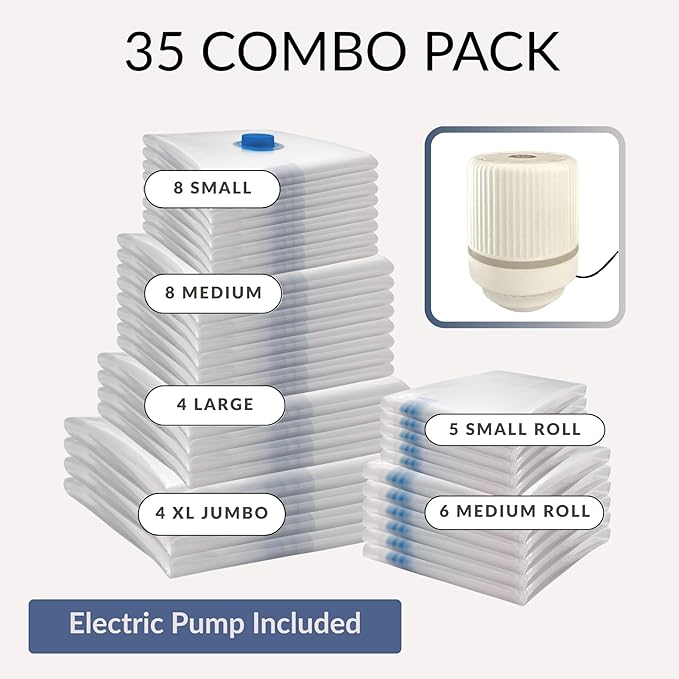 35 Pack Vacuum Storage Bags with Electric Pump, Compression Space Saver for Comforters, Bedding, Blanket Storage, Vacuum Seal Bags for Clothing, Luggage and Closet Organizer