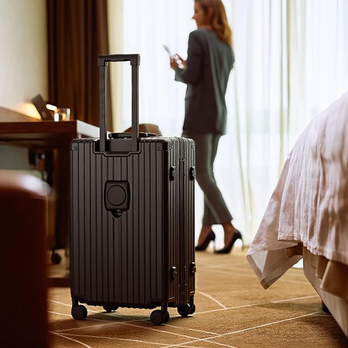 24 Inch Zipperless Checked Travel Luggage with Spinner Wheels,ABS+PC Hard Shell Suitcase with TSA Approved USB Port,Cup & Phone Holder for Women Men,Black