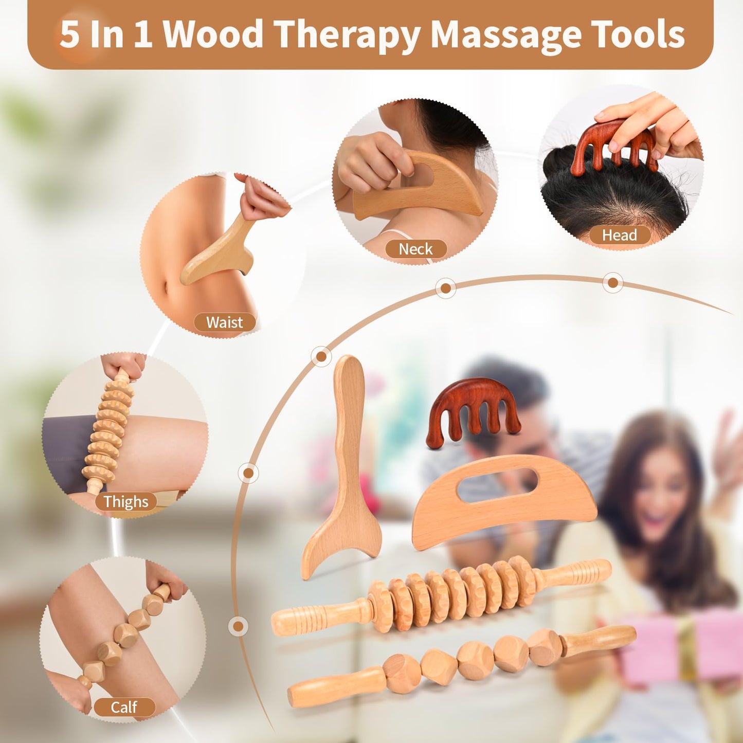 5 in 1 Wood Therapy Massage Tools Lymphatic Drainage Massager Maderoterapia Kit Wooden Massager Body Sculpting Tools for Muscle Pain Relief, Anti-Cellulite, Body Contouring and Shaping