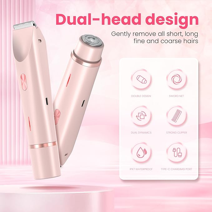 Bikini Trimmer for Women-2 in 1 Dual Head Electric Razors,IPX7 Waterproof Bikini Electric Shaver,Dry & Wet Use Painless Bikini Shaver,Pubic Hair Trimmer for Private Area & Body Hair, Pink