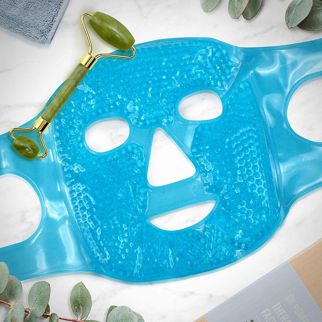 Perfecore Ice Face Mask + Jade Roller - Beauty Roller Face Neck Massage Tool - Stone Face Roller & Facial Mask Set for Wrinkles Fine Lines & Anti Aging, Puffy Eyes, Dark Circles & Overall Skin Care