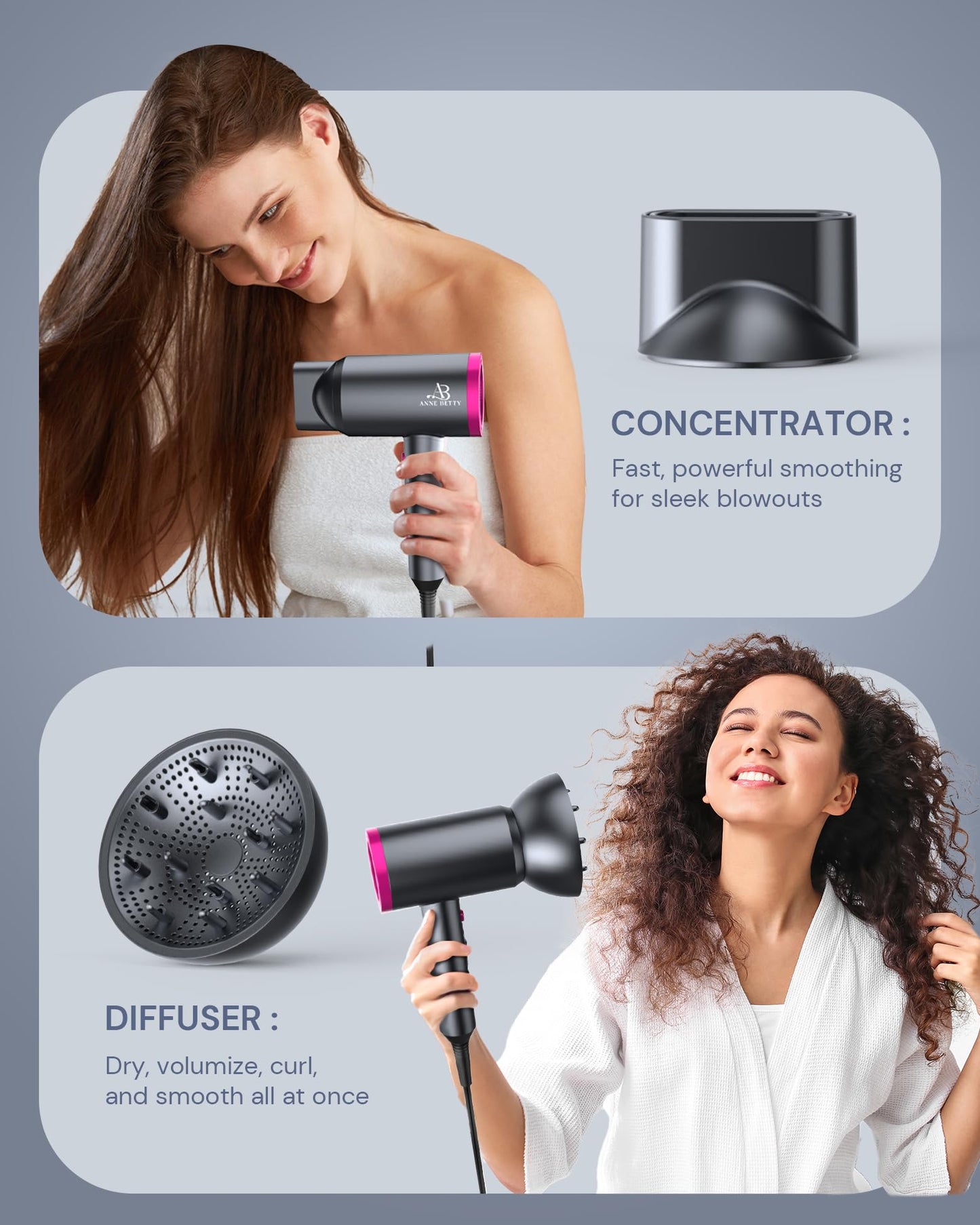 Hair Dryer with Diffuser for Curly Hair, 1800W Ionic Blow Dryer for Women & Men, Fast-Drying, Lightweight, Low Noise, Hair Care Styling Tool for Home, Travel