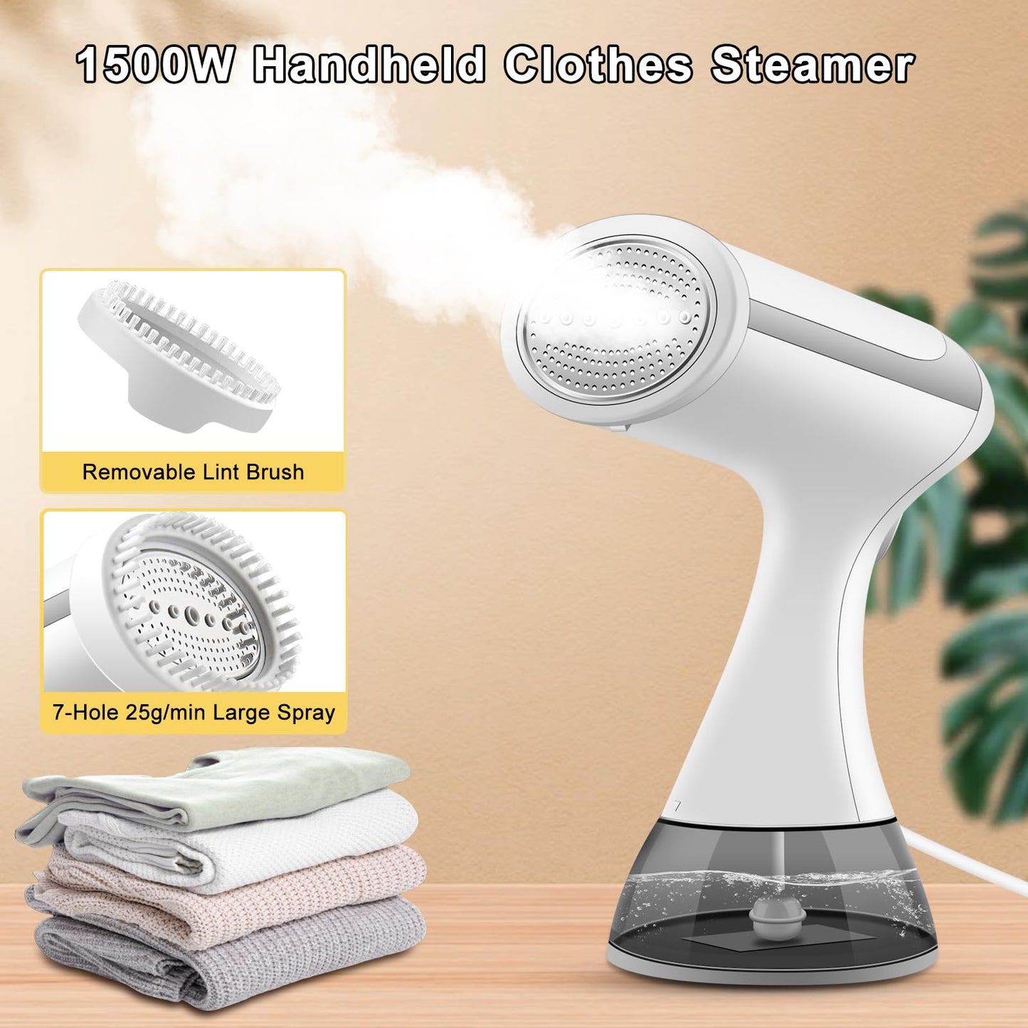 BUNUD Clothes Steamer Handheld 1500W: 20S Heat-up Garment Steamer for Clothes with 300ml Water Tank - Portable Fabric Wrinkle Remover - Steam Iron 2 In 1 with Brush for Home/Office/Travel (White)