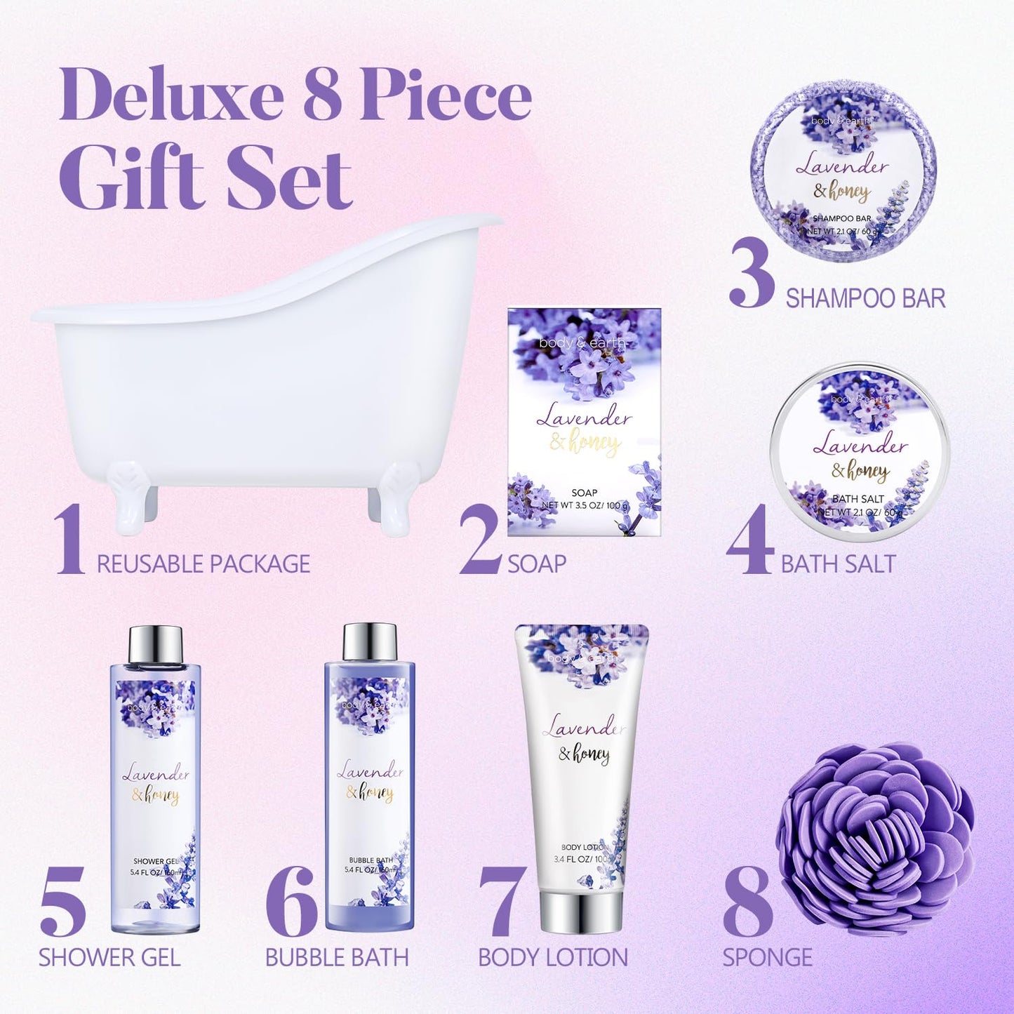 Bath and Body Gift Set - Lavender Gifts for Women, Body & Earth Bath & Shower Sets, 8 Pcs Lavender Honey Gift Sets with Bubble Bath, Lotion Set, Soap, Spa Kit for Women, Christmas Gifts for Mom