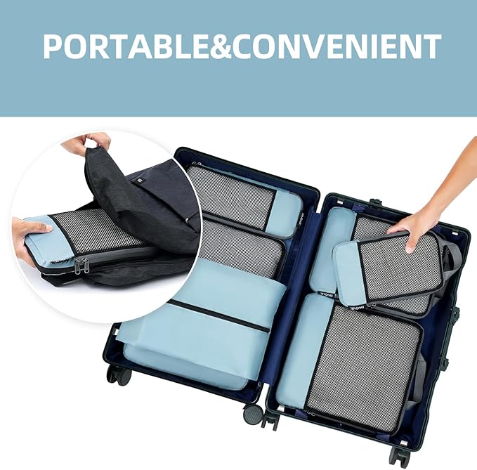 BAGAIL 4 Set/6 Set/8 Set Compression Packing Cubes Travel Accessories Expandable Packing Organizers (Half Mesh, 6-Dusty Blue)