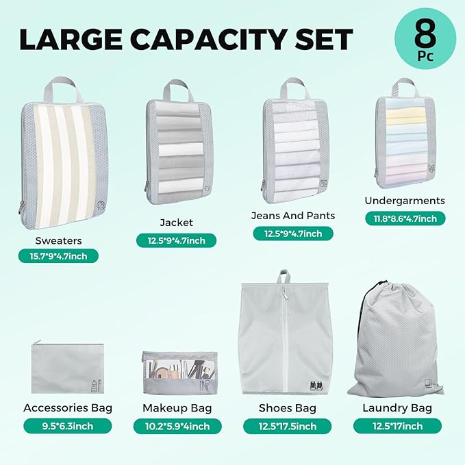 Compression Packing Cubes for Travel Expandable Mesh Packing Organizer Waterproof Portable Luggage Organizer Business Vacation Luggage Organizer-Gray 8 Pcs