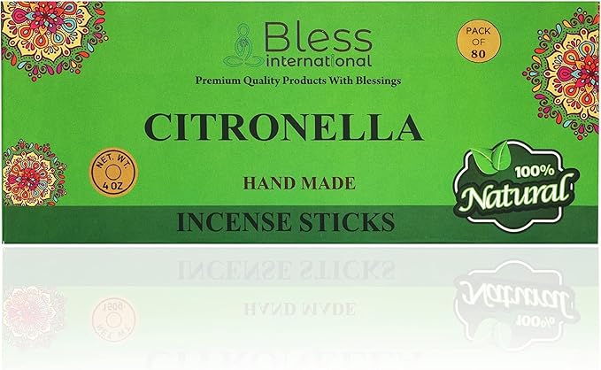 Bless-Citronella 100%-Natural-Handmade-Hand-Dipped-Incense-Sticks Organic-Chemicals-Charcoal-Free Purification-Relaxation-Positivity-Yoga-Meditation Best-Woods-Scent (80 Sticks (4.20 OZ))
