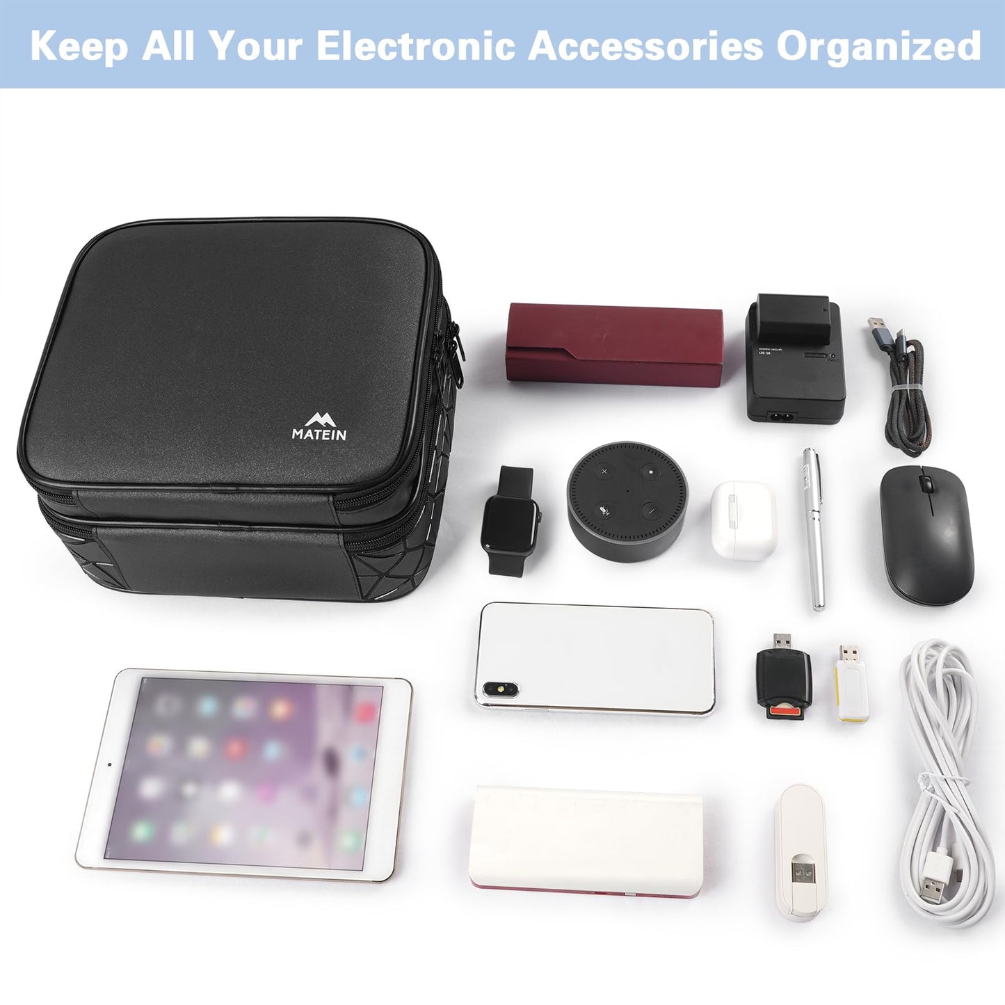 MATEIN Cable Organizer Bag, Waterproof Travel Electronic Storage with Adjustable Divider, Shockproof Portable Double Layer Tech Bag Carrying Case for Cord, Earbuds, Charger, SD Card, DJ Gifts, Black