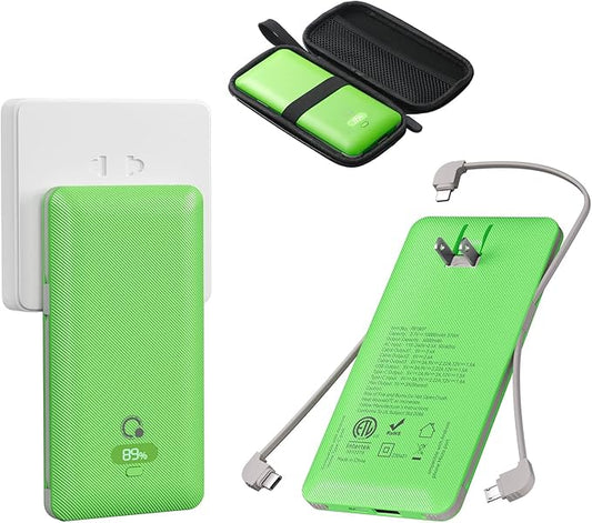 10000mAh Portable Charger with Built-in Cables and AC Wall Plug, USB C Fast Charging Power Bank with 3 Cords,5 Output External Battery Pack Compatible with iPhone,Tablet and All Smart Phones Green