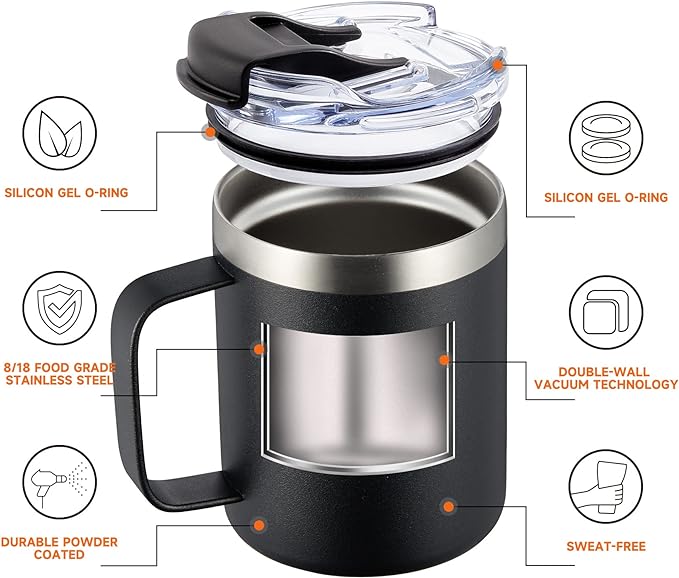 ALOUFEA 12oz Insulated Coffee Mug Cup with Handle, Stainless Steel Travel Coffee Mug with Flip Lid, Double Wall Vacuum Coffee Tumbler,Sky Blue