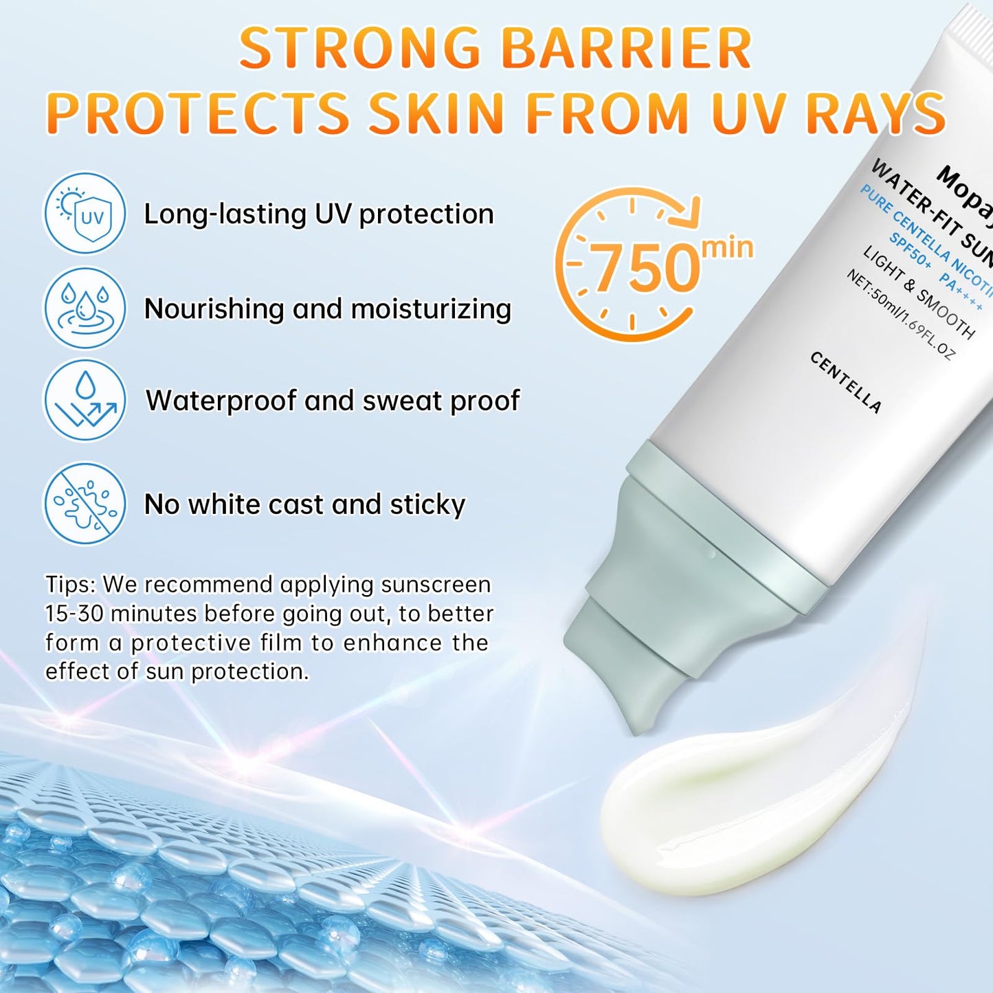 Centella Sunscreen SPF 50, Hyalu Cica Sunscreen for Face, Water Resistant Strong UV Protection No White Cast, Madagascar Face Sun Screen Oil Free, Water Fit Sun Serum(Blue 1)