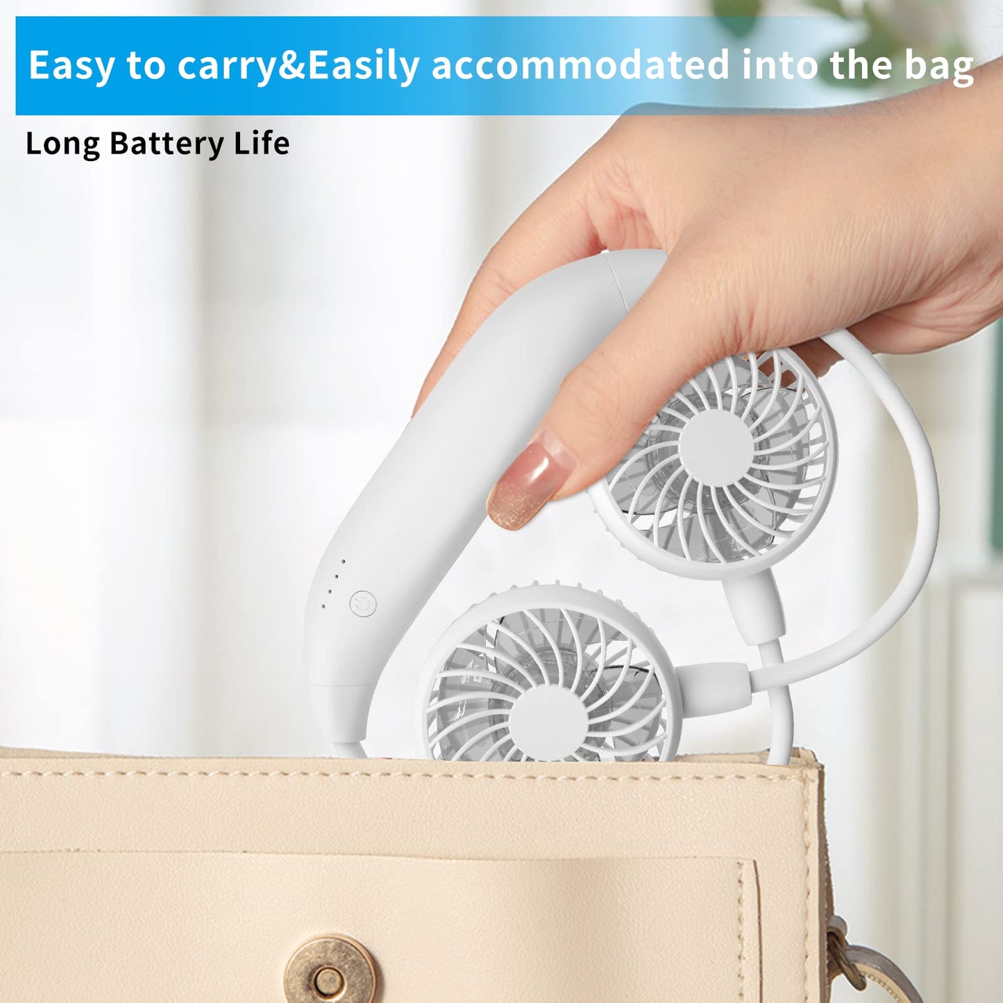 HandFan 5000mAh Neck Fan, 26H Longest Runtime - 6 Speeds Visible Blades Portable Fan, 360° Flex Neck for Gym Office Travel, Safety Grille & Hair Protection (White)