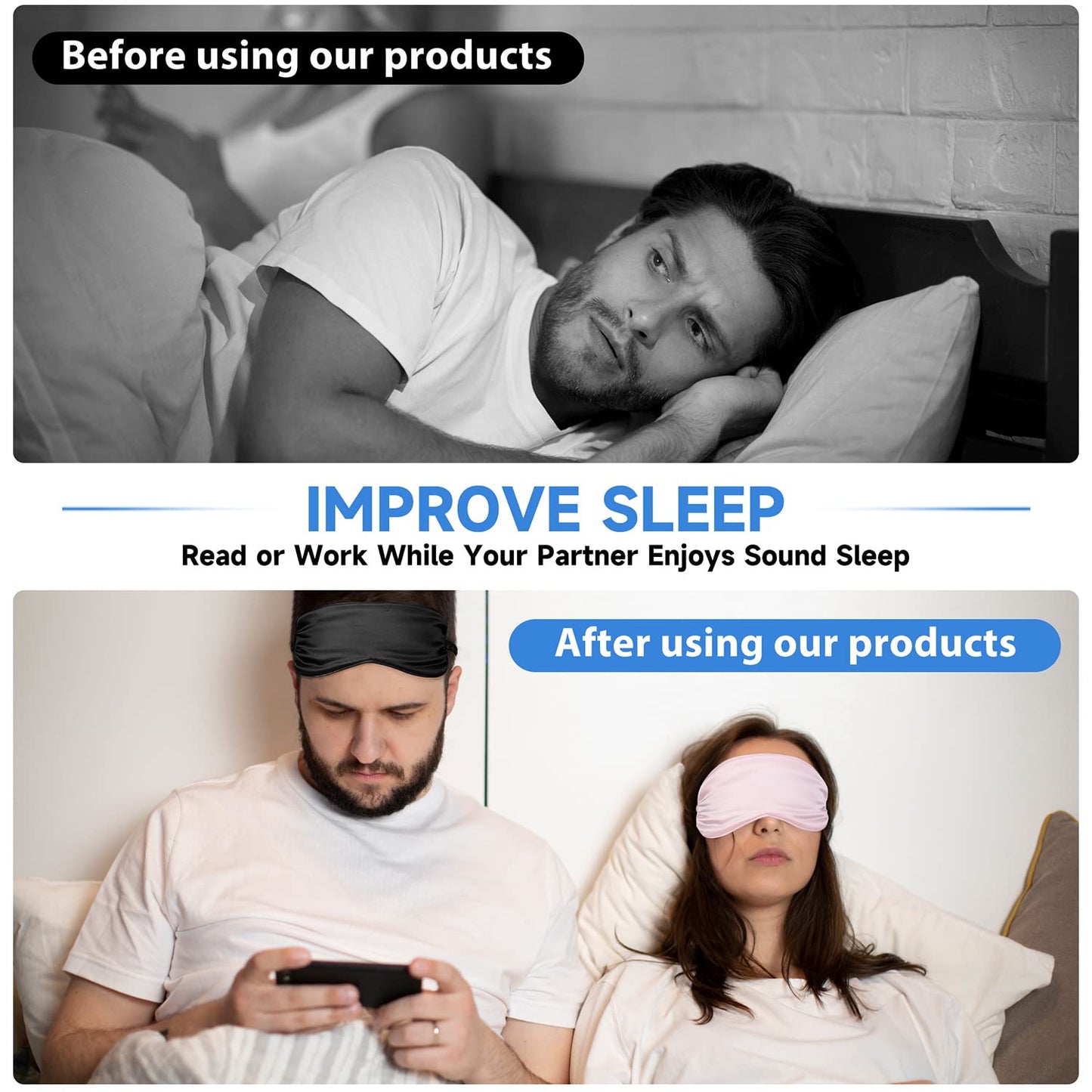 Sleep Mask, Super Soft Silk Eye Mask Cover for Sleeping, Eye Mask with Elastic Strap, Comfortable Night Sleeping Mask for Women Men (2 Pack)