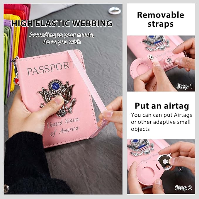 Cnycmy Passport Holder with Airtag slot,Passport-Wallet-Holder for Women,for Family, Rfid Passport Book Card Slot Waterproof, passport holder for travel (Pink1)
