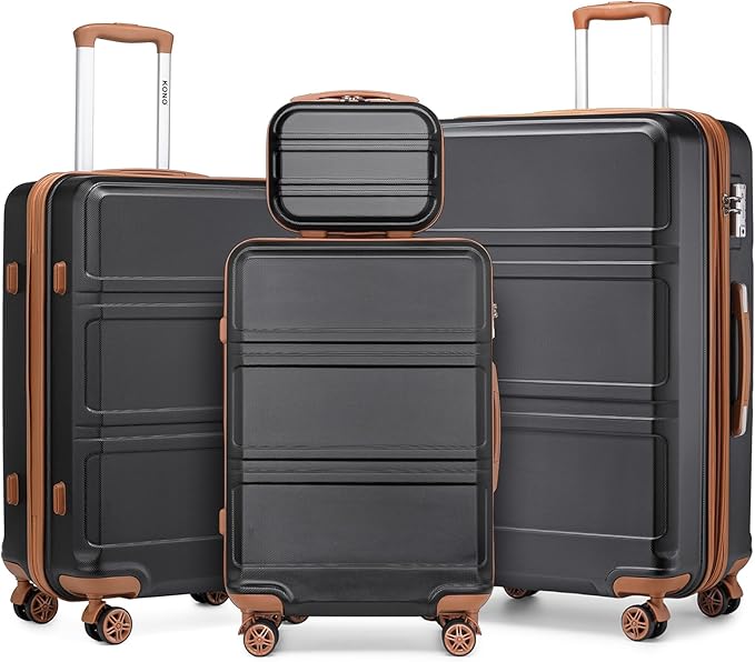 Kono 4 Piece Luggage Sets Expandable(only 28") Lightweight with Spinner Wheels TSA Lock Hardside Travel Rolling Suitcases 20in 24in 28in Carry on and 12in Mini Cosmetic Case Apricot Black