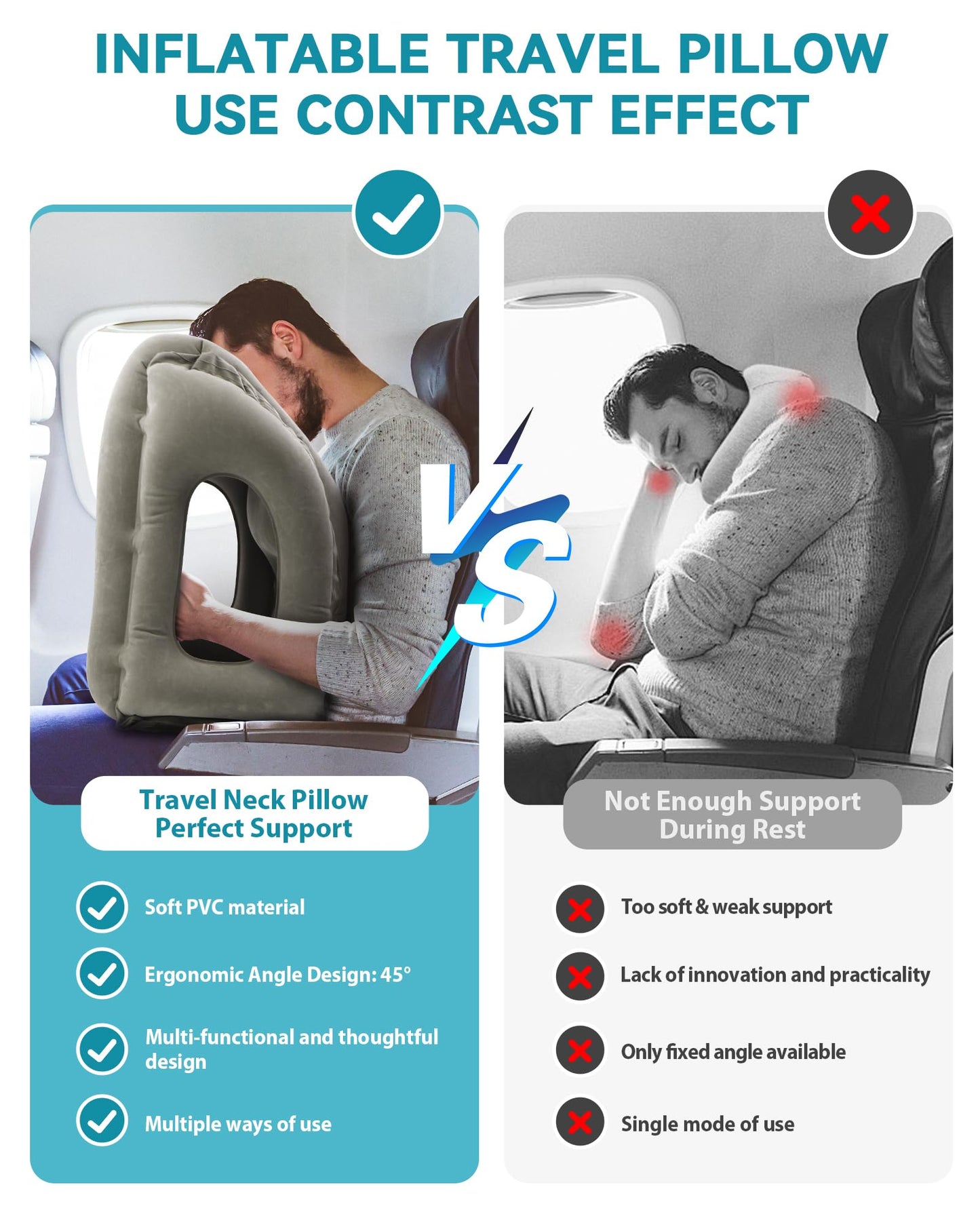 JefDiee Inflatable Travel Pillow, Airplane Neck Pillow Comfortably Supports Head and Chin for Airplanes, Trains, Cars Office Napping on The Tray Table (Grey)