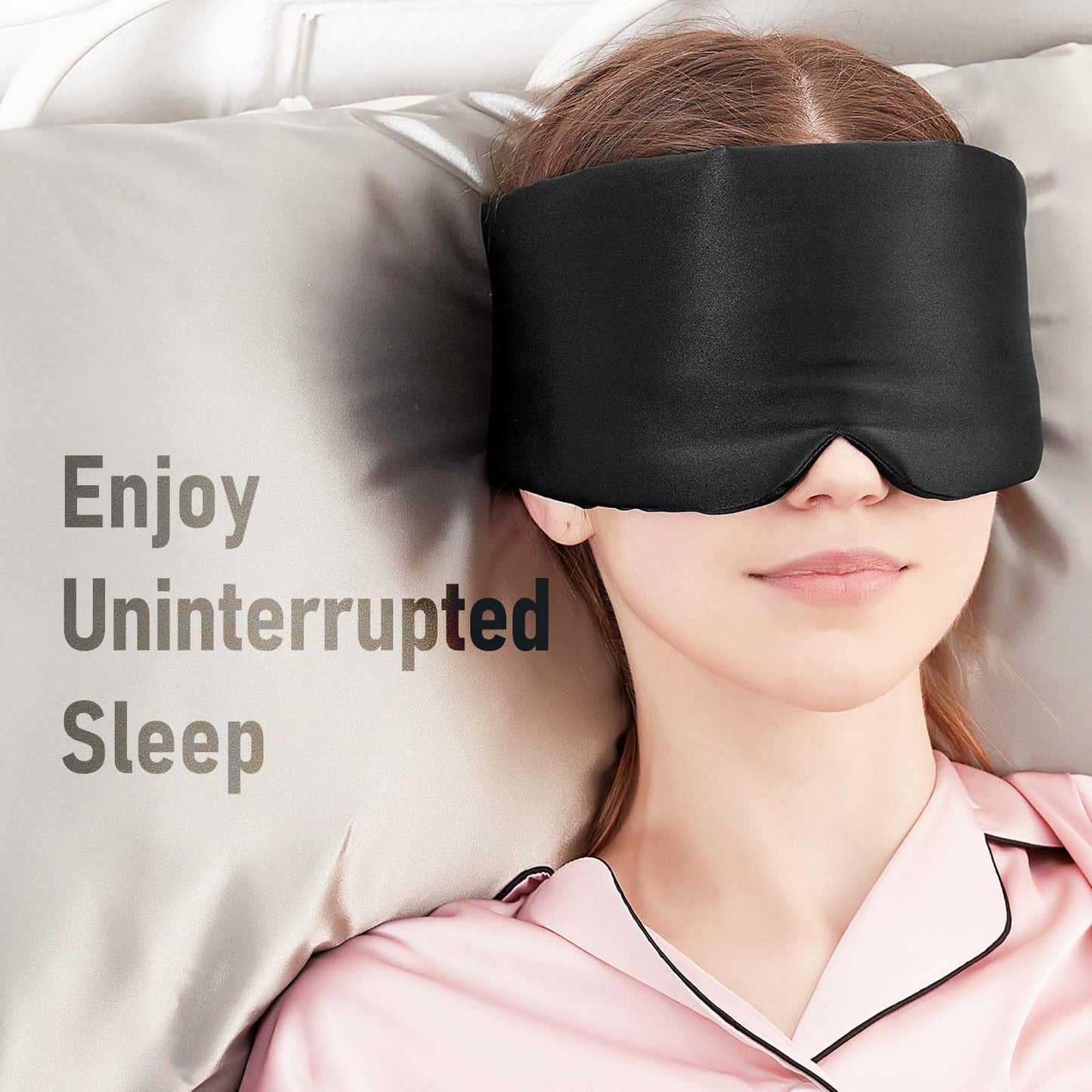 SOLZEK Nature Silk Sleeping Mask Soft Featherweight Eye Mask Large Wrap-Around Blindfold with Adjustable Velcro Blackout for Wild Sleeper Nose Cut (Black)