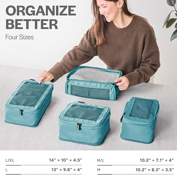 Compression Packing Cubes for Travel - Luggage Organizer Bags - Double Zipper Packing Cubes for Suitcases (4-Pack, Teal)