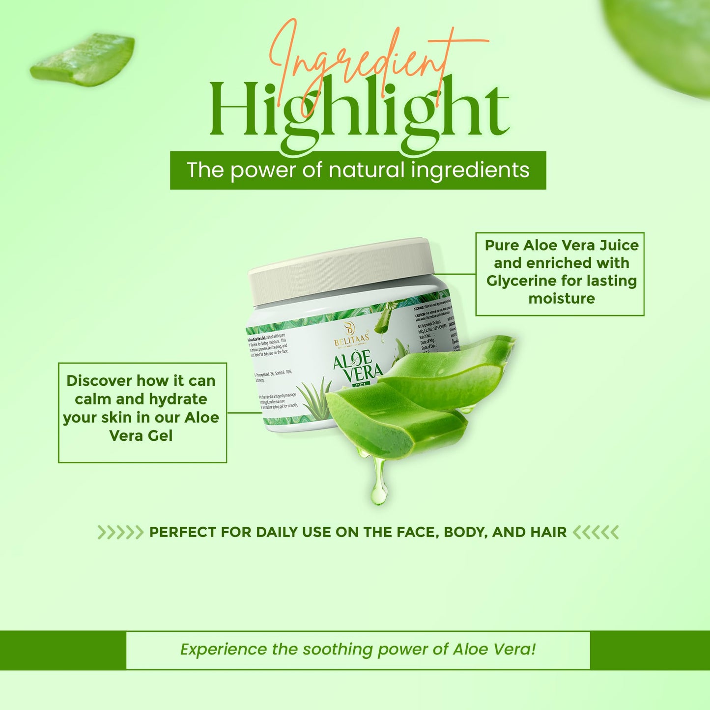 Belitaas 99% Pure Aloe Vera Gel, Hydrating & Soothing Multi-Purpose Gel for Face, Hair & Body, Non-Sticky After-Sun & Shaving Relief, Paraben-Free Unisex Skin Care, 100 g