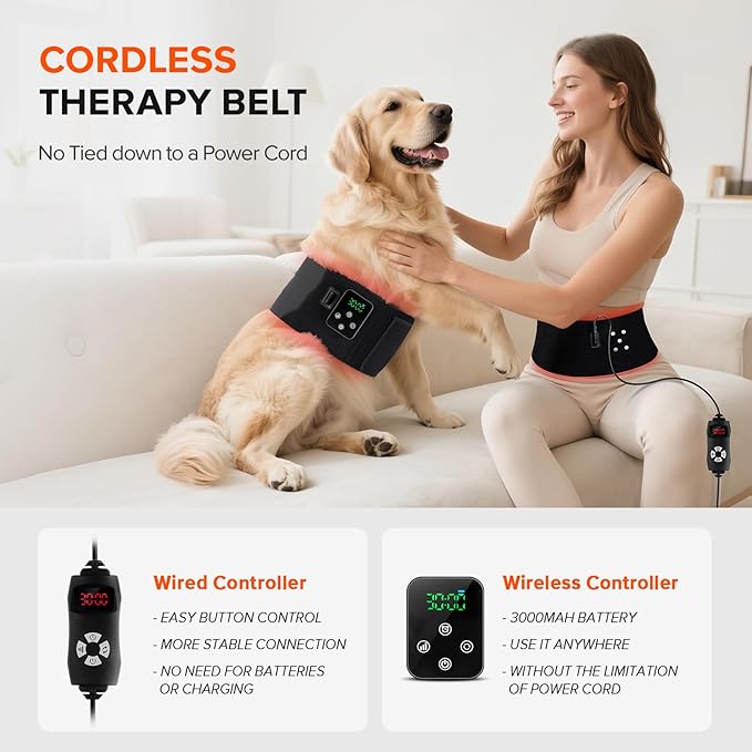 2-in-1 Cordless Red Light Therapy Belt, Wired & Wireless Controller 3000mAh Rechargeable Battery Magnetic LED Screen, 49" * 7" Wearable 660nm & 850nm Red Light Therapy Wrap Belt for Body Pain Relief