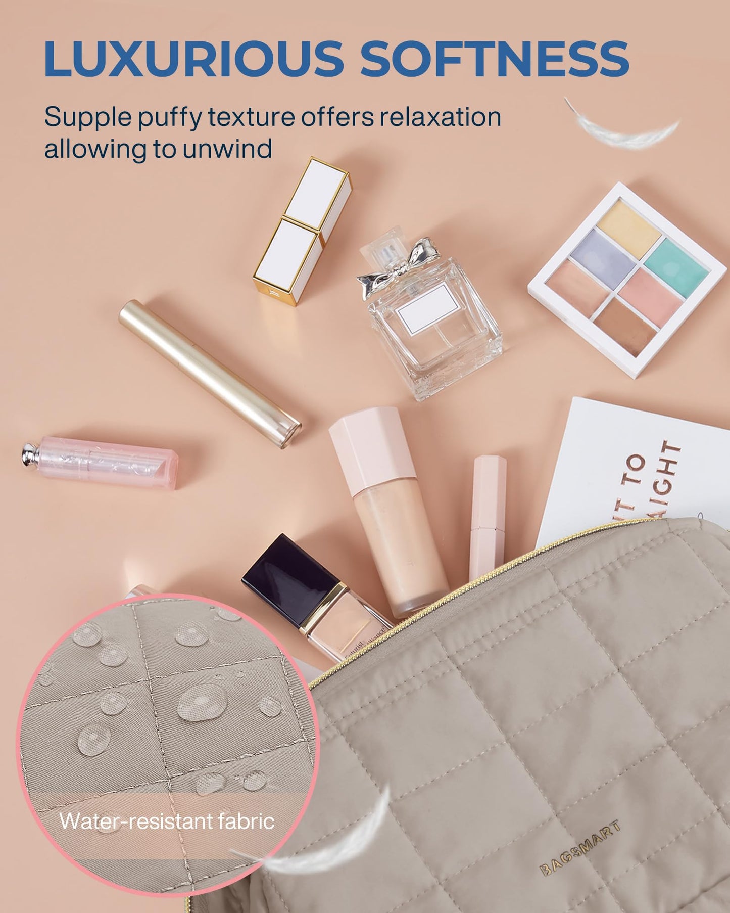 BAGSMART Makeup Bag Travel Toiletry Bag, Puffy Padded Make Up Bags for Women Makeup Organizer Case, Wide-open Pouch Purse Travel Essentials Toiletries Accessories Brushes, Camel