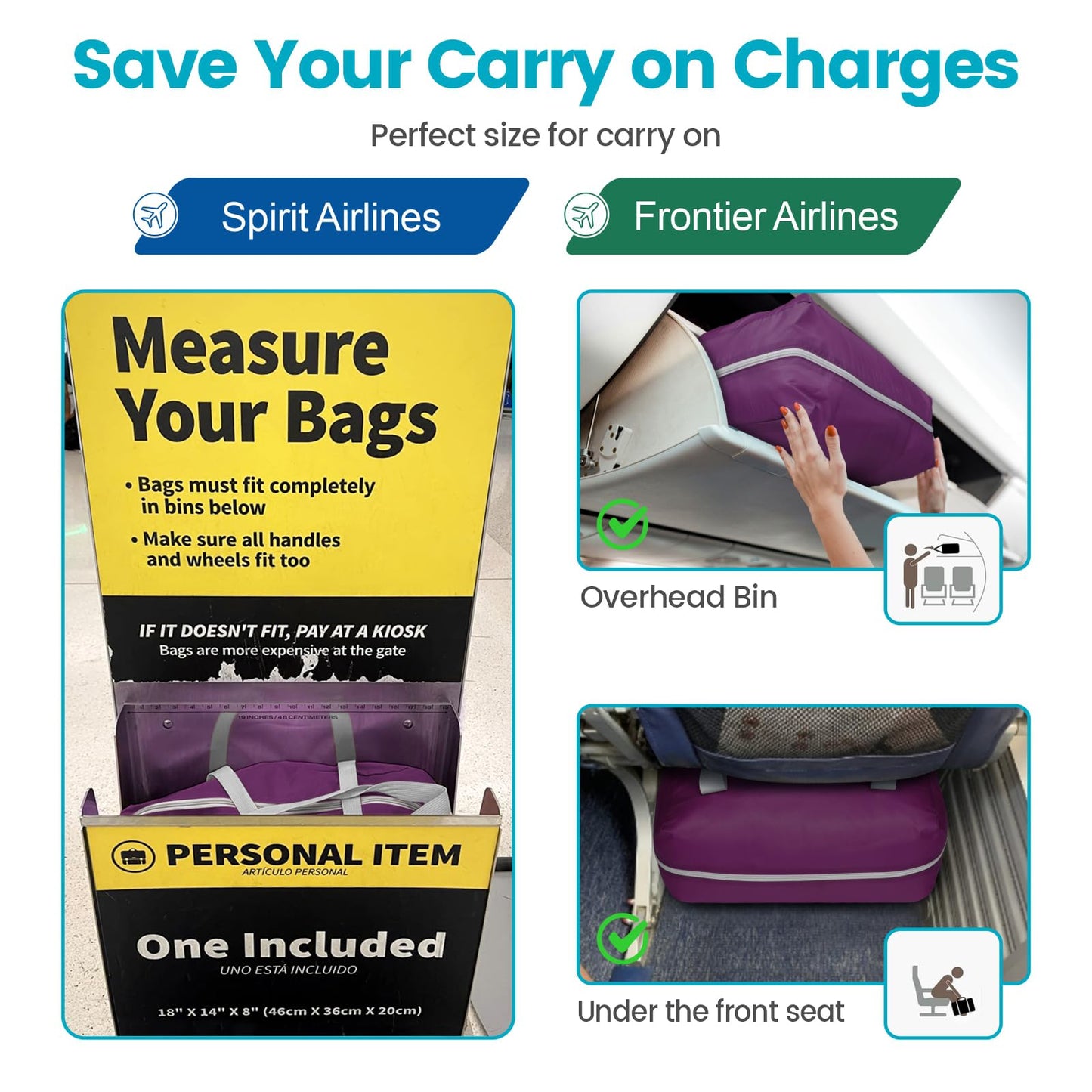 Cambond Spirit Airlines Personal Item Bag 18x14x8-30L Carry on Personal Item Travel Bags for Short Trip, Lightweight Compact Underseat Foldable Travel Duffel Bags, Purple