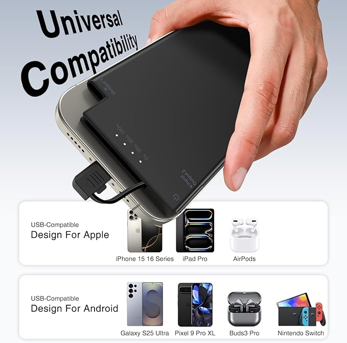 Auskang Slim Power Bank for Travel-5000mAh USB C Portable Charger Built in Cable- Airplane Safe Thin Battery Pack Compatible with iPhone16 15 Devices Samsung Google Pixel Android Phones