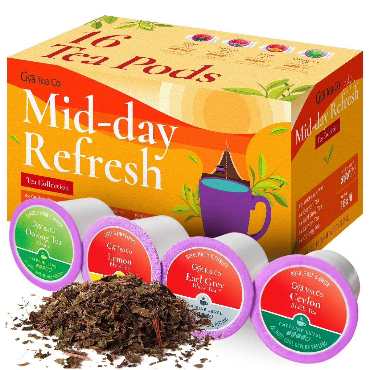 Gya Tea Co Mid-Day Refresh Tea Gift Set (16 ct) - Assorted Tea Pod Variety Pack with Ceylon, Lemon, Oolong & Earl Grey 4 Flavors for Refresh & Energy