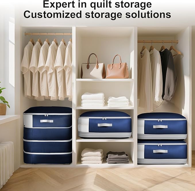 Comforter Storage Bag - Large Capacity Blanket Storage Bags 4-Layer Ultra Space Saving Self Compression Organizer, Washable Compression Bags for Storage Comforter Blanket, 2-Pack, Navy Blue