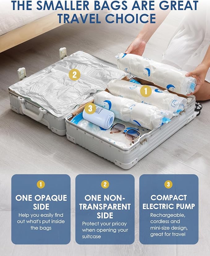 Vacuum Storage Bags with Electric Pump, 8 Pack Vacuum Sealed Bag with 1500mAh Rechargeable Battery for Clothes, Blanket, Duvets, Pillows, Comforters, Travel