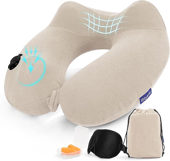 Inflatable Travel Neck Pillow for Airplane, Head Support Velvet Adult Neck Pillow for Long Flight, Kit with Eye Mask, Earplugs and Storage Bag,1, Beige