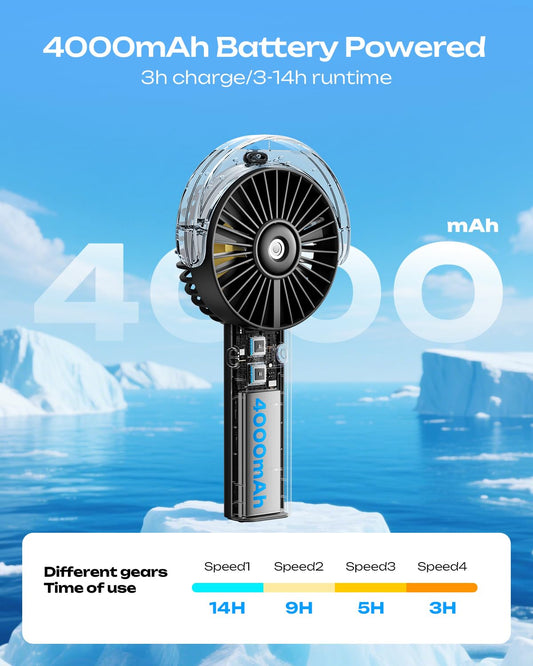Otlonpe Handheld Misting Fan Portable, 4000mAh Rechargeable Battery Powered, Small Personal Mister Fan with Water Spray Cooling, 4-Speed Wind, LED Display, Hand Held Mist Fans for Travel Outdoor Beach