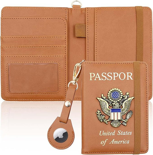 Cnycmy Passport Holder with Airtag slot,Passport-Wallet-Holder for Women,for Family, Rfid Passport Book Card Slot Waterproof, passport holder for travel (brown1)