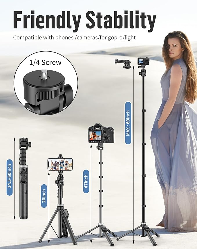 60" Phone Tripod for iPhone:Extendable Selfie Stick for iPhone-andriod, Selfie Stick Tripod with Remote for Video Recording in-Out Door of Content Creator