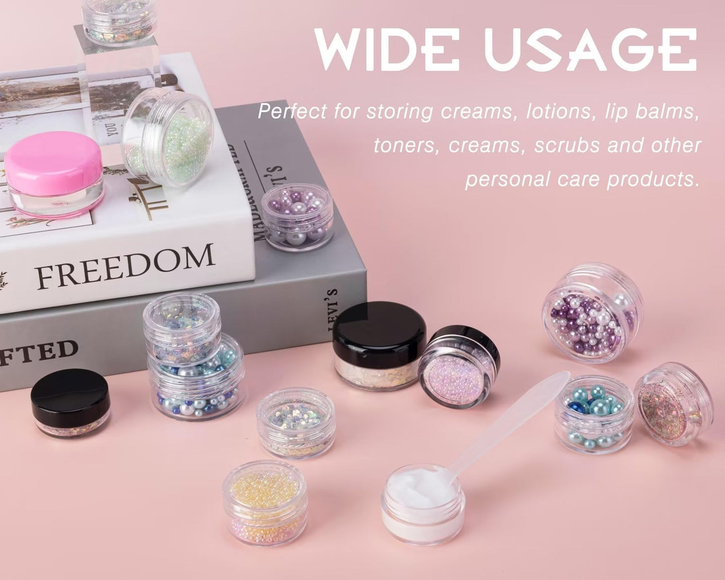 200 Count 5 Gram Sample Containers, Clear Lip Balm Containers with Lids, Small Plastic Sample Jars with 12 Mini Spoons, 200pcs Labels (Clear Lid)