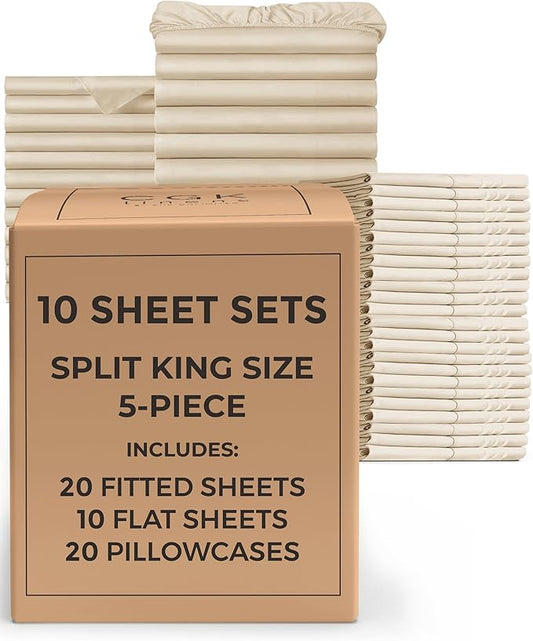 Bulk Case Pack of 10 Sheet Sets - (10) Complete Split King Size Sheet Sets w/ Deep Pockets - Wholesale Bulk Bedding for Hotels, Spas & Airbnbs - Breathable and Wrinkle Free - (Split King, Wheat)