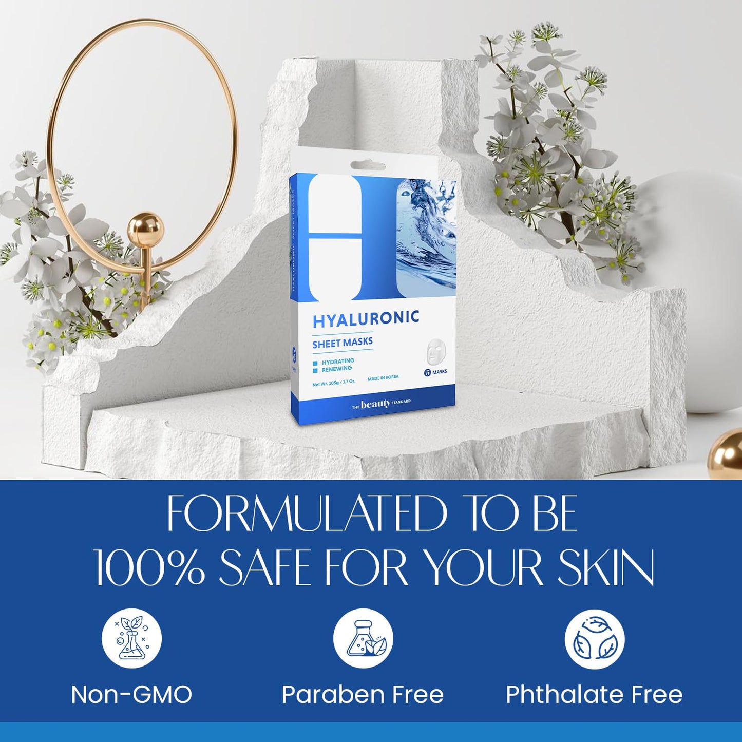 The Beauty Standard Hyaluronic Acid Sheet Face Mask - Skin Firming, Anti-Aging, Moisturizes & Plumps Skin - Dermatologist Tested, Cruelty-Free Korean Skin Care for All Skin Types - 5 Masks (2 Pack)